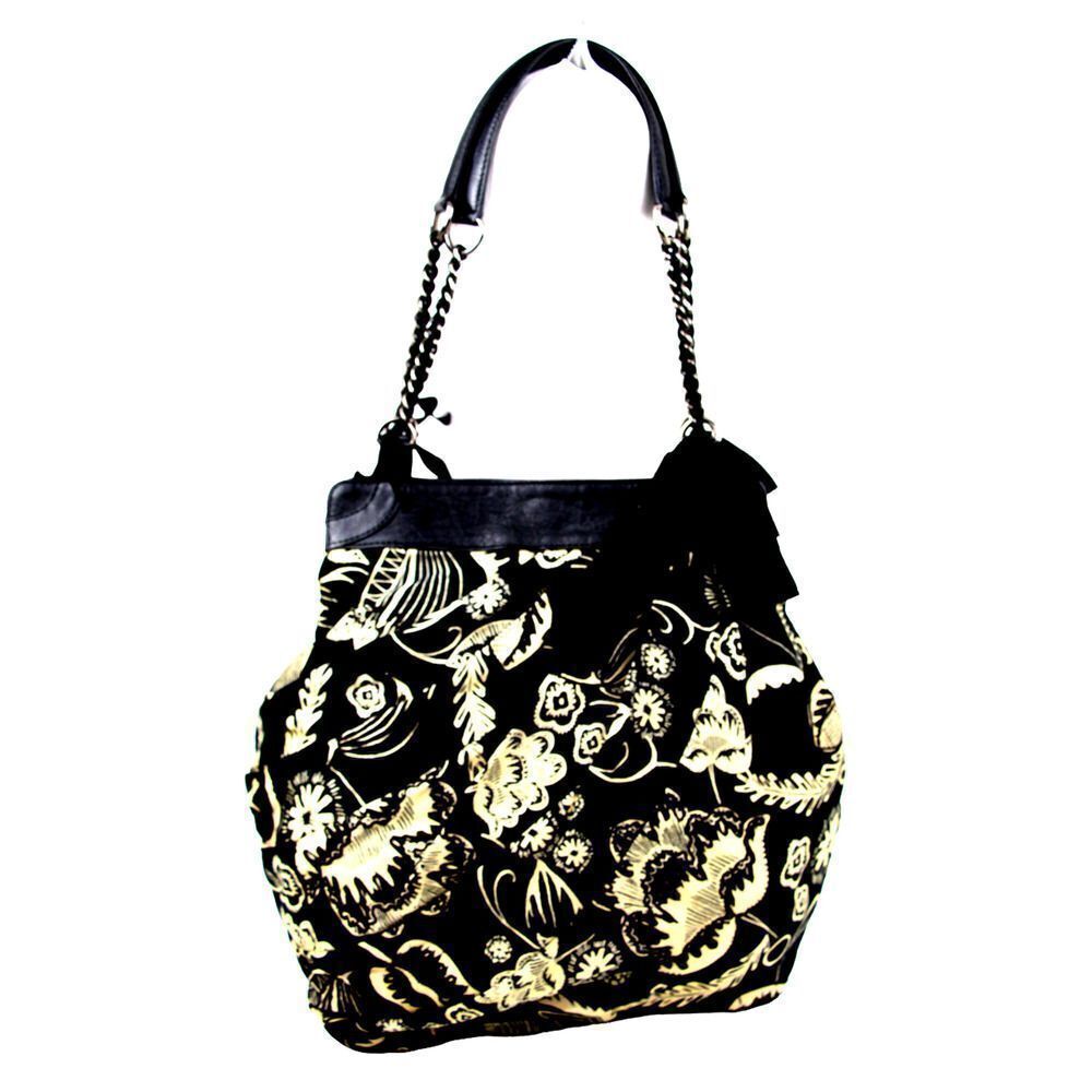 LUCKY PENNY BLACK WHITE CANVAS GENUINE LEATHER TRIM TOTE HOBO SHOULDER BAG PURSE